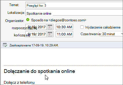 Zrzut ekranu przedstawiający okno dialogowe spotkania z linkiem Dołącz do spotkania online.