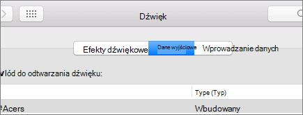 Zrzut ekranu przedstawiający preferencje dźwięku dla systemu macOS z wybranym okienkiem Dane wyjściowe.