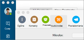 Zrzut ekranu preferencji programu Skype dla firm z wybranym okienkiem Audio/wideo.