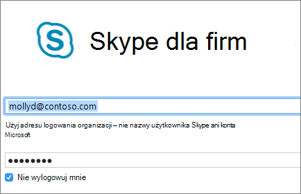 Zrzut ekranu przedstawiający ekran logowania programu Skype dla firm.