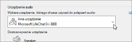 Zrzut ekranu pokazujący menu rozwijane urządzenia audio w oknie dialogowym Ustawienia urządzenia audio.
