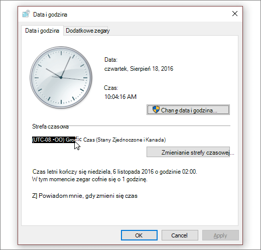 Zrzut ekranu pokazujący menu daty i godziny w systemie Windows 10.