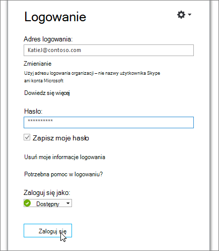 Zrzut ekranu pokazujący pole wprowadzania hasła na ekranie logowania Skype'a dla firm.