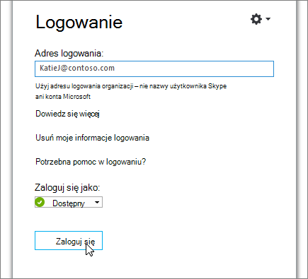 Zrzut ekranu pokazujący przycisk Zaloguj się na ekranie logowania Skype'a dla firm.