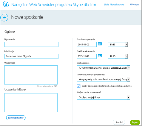 Ekran narzędzia Web Scheduler, na którym podaje się szczegółowe informacje o spotkaniu i dodaje się zaproszone osoby