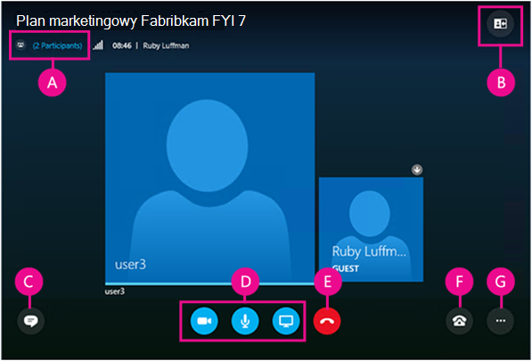 Skype dla firm Web App with each user interface element labeled
