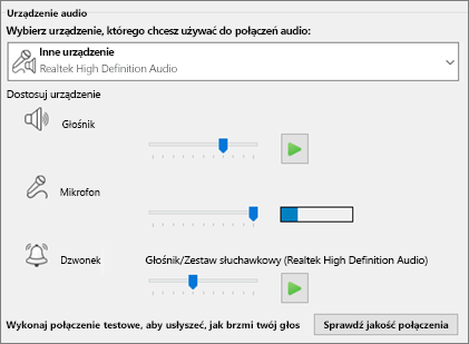 Dostosowane ustawienia dla urządzeń audio – głośnika, mikrofonu, dzwonka.