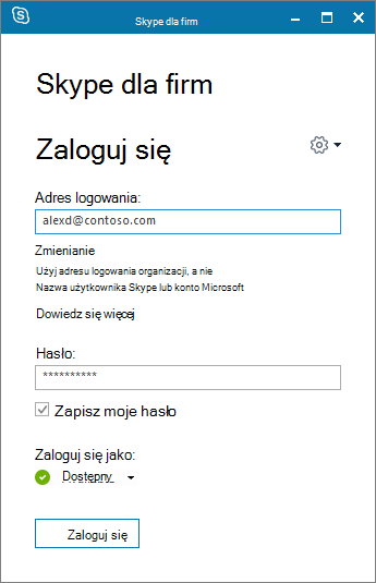 Zrzut ekranu przedstawiający ekran logowania programu Skype dla firm