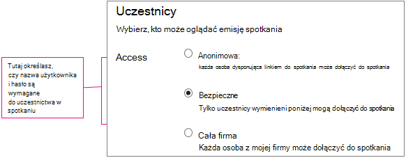 Ekran szczegółów spotkania z wyświetlonymi poziomami dostępu