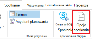 Przycisk Opcje spotkania na wstążce programu Outlook