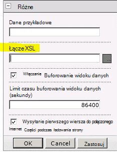 Właściwość Łącze XSL w menu składnika Web Part