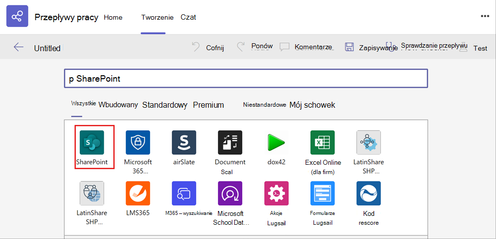 zrzut ekranu przedstawiający wybieranie aplikacji programu SharePoint