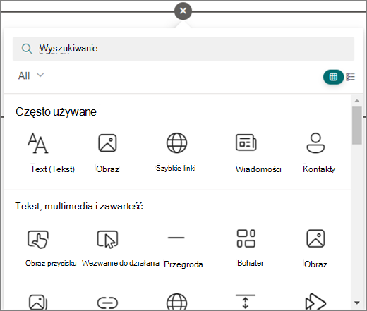 Zaznacz koło na edytowanej stronie programu SharePoint, aby wyświetlić dostępne składniki Web Part.
