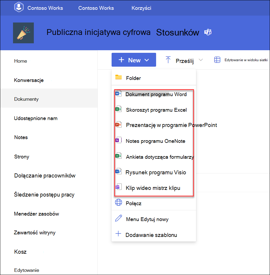 zrzut ekranu przedstawiający menu rozwijane umożliwiające dodawanie nowych plików