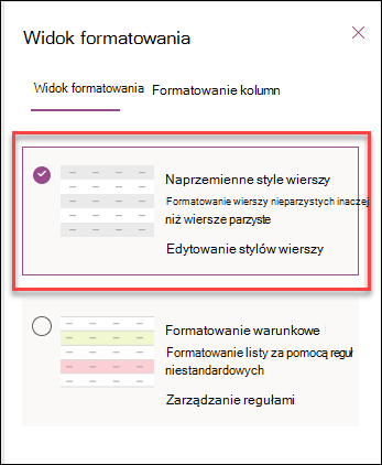 zrzut ekranu przedstawiający formatowanie wierszy naprzemiennych