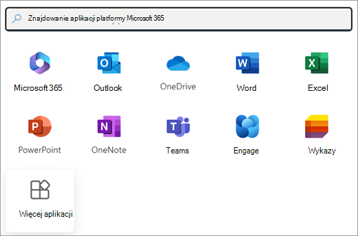 Wybór aplikacji platformy Microsoft 365. Ostatni kafelek to Więcej aplikacji.