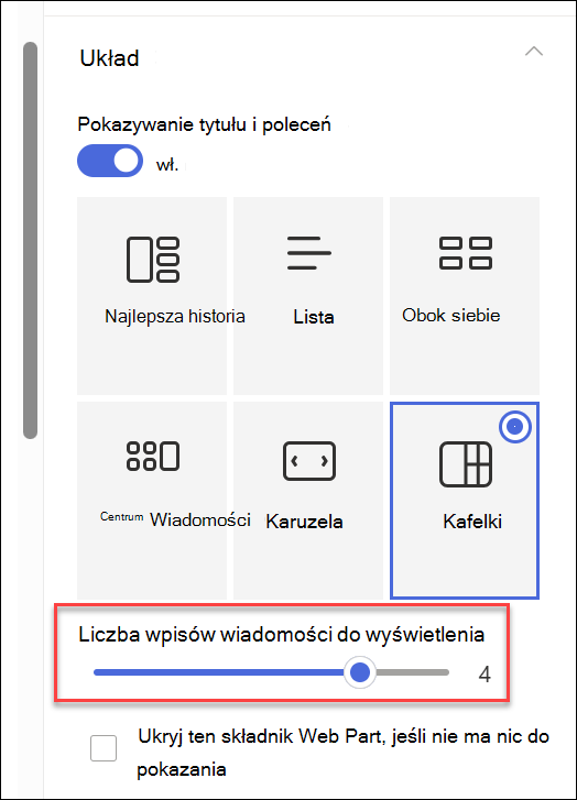 Zrzut ekranu przedstawiający zmienianie numeru wyświetlanego dla składników Web Part