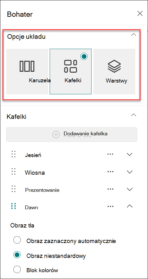 zrzut ekranu przedstawiający zmienianie układu z okienka właściwości