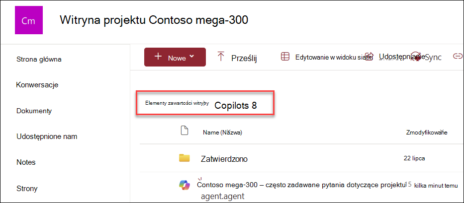 zrzut ekranu przedstawiający miejsce zapisywania agentów funkcji copilot w przypadku utworzenia ze strony głównej