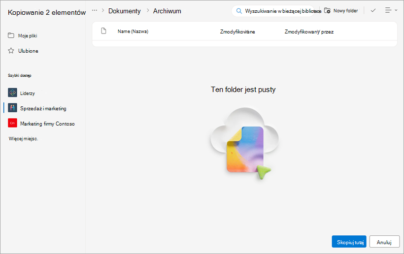Nowy folder, w którym zostaną wyświetlone skopiowane pliki.