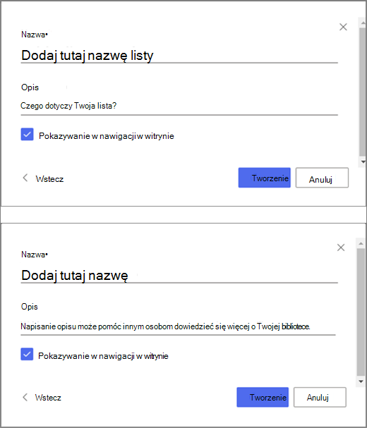 W górnej części obrazu znajduje się okno służące do wprowadzania informacji do pustej listy, natomiast w dolnej części obrazu znajduje się okno służące do tworzenia biblioteki dokumentów.