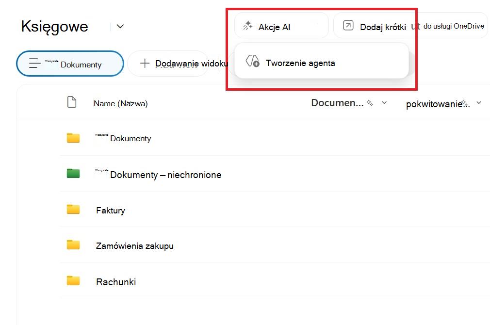 Zrzut ekranu przedstawiający przycisk tworzenia agenta na podstawie biblioteki dokumentów programu SharePoint.