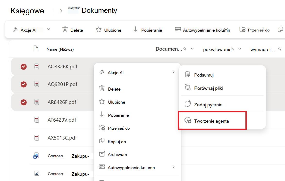 Zrzut ekranu przedstawiający przycisk tworzenia agenta z menu kontekstowego wyboru pliku lub folderu