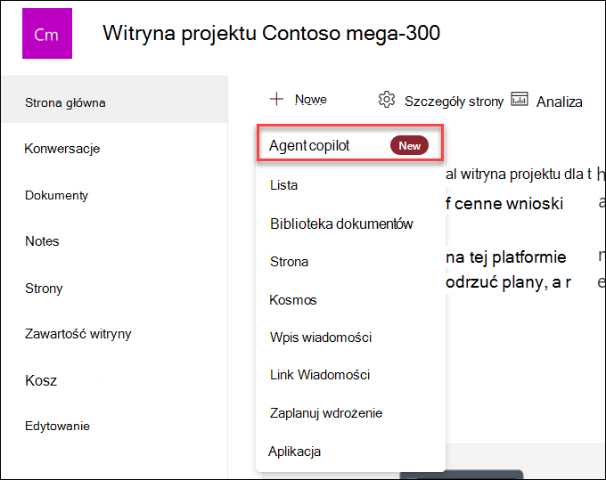 Zrzut ekranu przedstawiający tworzenie nowego agenta funkcji copilot ze strony głównej witryny