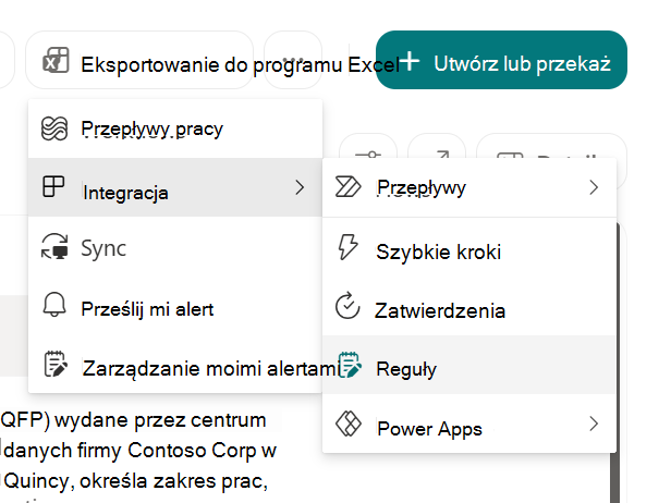 Zrzut ekranu przedstawiający pozycję Utwórz regułę w celu zautomatyzowania listy w programie SharePoint.