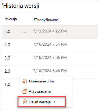 zrzut ekranu przedstawiający usuwanie wersji