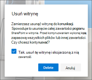 Potwierdzenie usunięcia witryny