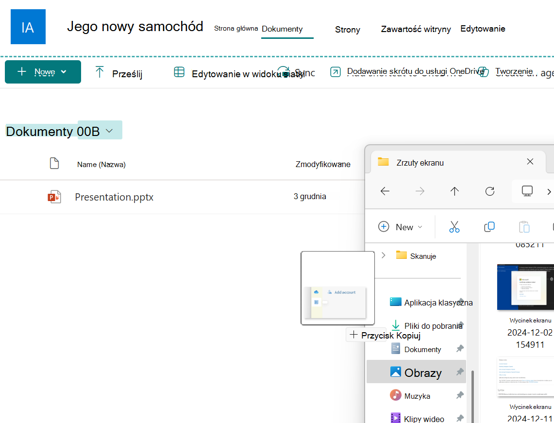 Plik obrazu przeciągany z okna Eksploratora do biblioteki dokumentów programu SharePoint