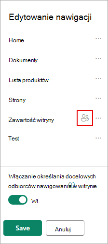 W obszarze Edytuj nawigację ikona potwierdza docelowe linki.