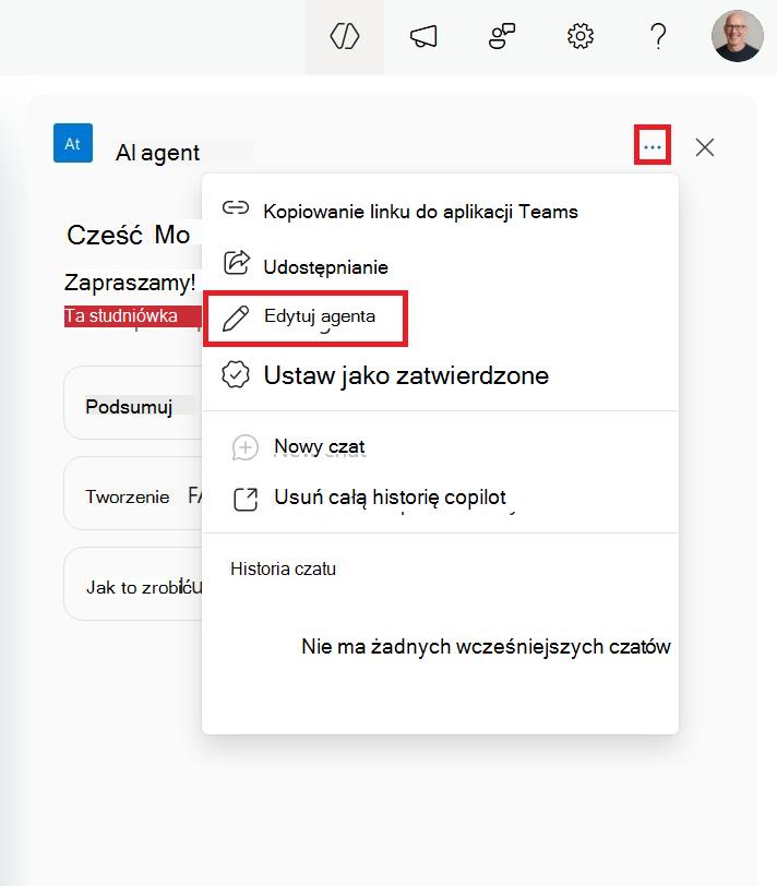 Zrzut ekranu przedstawiający menu umożliwiające edycję agenta programu SharePoint z przyczepki