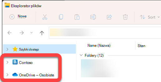 W okienku nawigacji po lewej stronie Eksplorator plików znajdują się foldery najwyższego poziomu dla synchronizowanej biblioteki programu SharePoint i synchronizowanej usługi OneDrive.