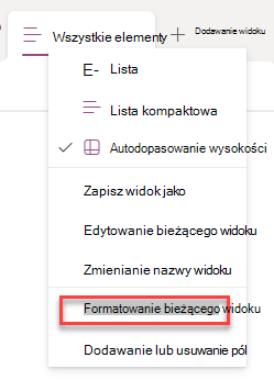 zrzut ekranu przedstawiający wybieranie formatowania bieżącego wiersza
