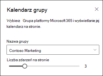 Wybieranie liczby wyświetlanych zdarzeń z wybranego kalendarza grupy platformy Microsoft 365.