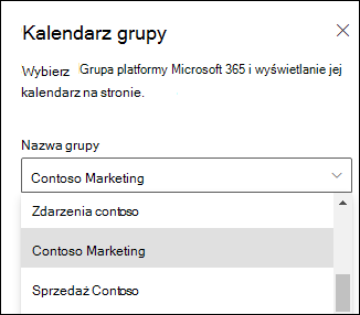 Wybieranie grupy platformy Microsoft 365 z okienka właściwości.