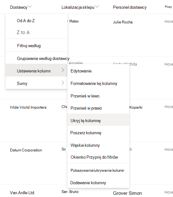 Ustawienia > kolumny Opcja Ukryj tę kolumnę, gdy nagłówek kolumny jest zaznaczony na nowoczesnej liście lub w bibliotece programu SharePoint