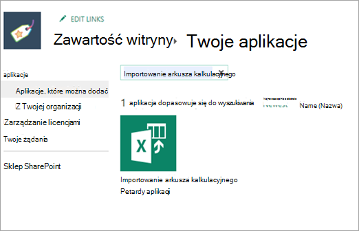 Zrzut ekranu przedstawiający importowanie arkusza kalkulacyjnego w obszarze Aplikacje, które można dodać.