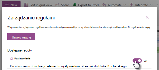 Zrzut ekranu przedstawiający sposób włączania lub wyłączania reguły na stronie Zarządzanie regułami.