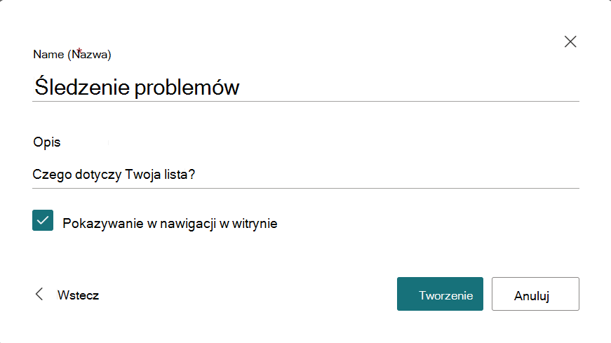Okno dialogowe z nazwą i opisem nowej listy