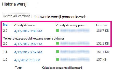 Historia wersji z usuniętą wersją pomocniczą