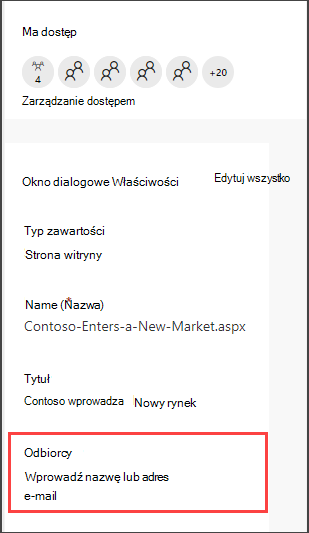 Okienko szczegółów stron z opcją wprowadzenia grupy odbiorców