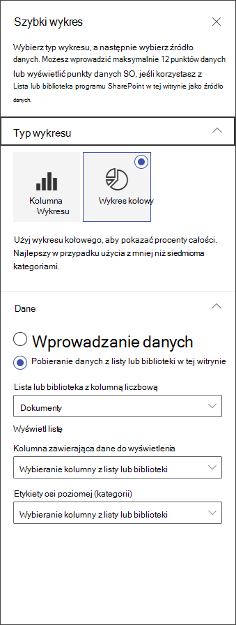 zrzut ekranu przedstawiający panel edycji wykresu kołowego