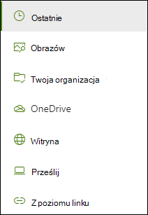 Lista lokalizacji dostępnych podczas dodawania linku.