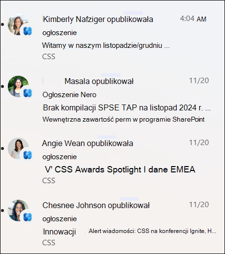 zrzut ekranu przedstawiający listę powiadomień o wiadomościach