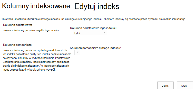 Po kliknięciu indeksu można go usunąć