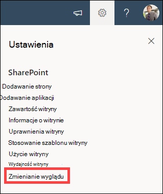 Opcja Ustawienia otwarta z wyróżnionym wyglądem.