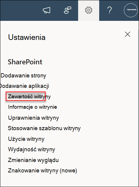zrzut ekranu przedstawiający zawartość witryny ustawień